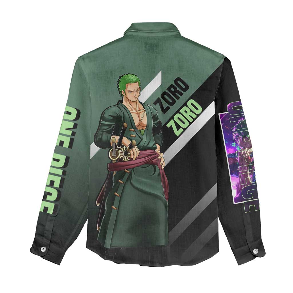 Roronoa Zoro One Piece Women Casual Shirt with Swords and Fierce Battle Pose Design - The Mazicc