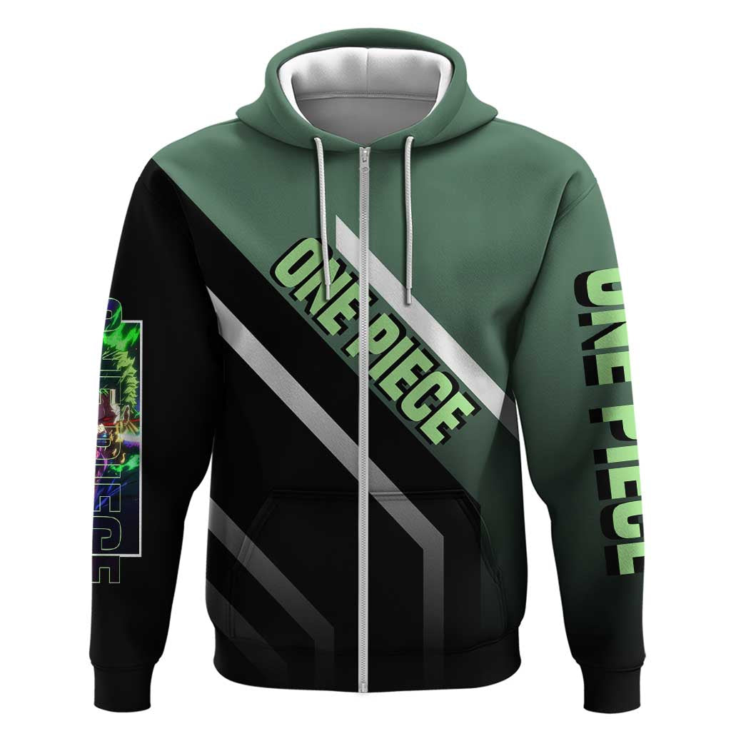 Roronoa Zoro One Piece Zip Hoodie with Swords and Fierce Battle Pose Design - The Mazicc