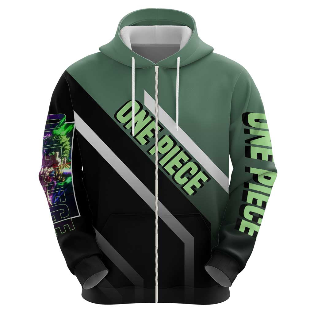 Roronoa Zoro One Piece Zip Hoodie with Swords and Fierce Battle Pose Design - The Mazicc