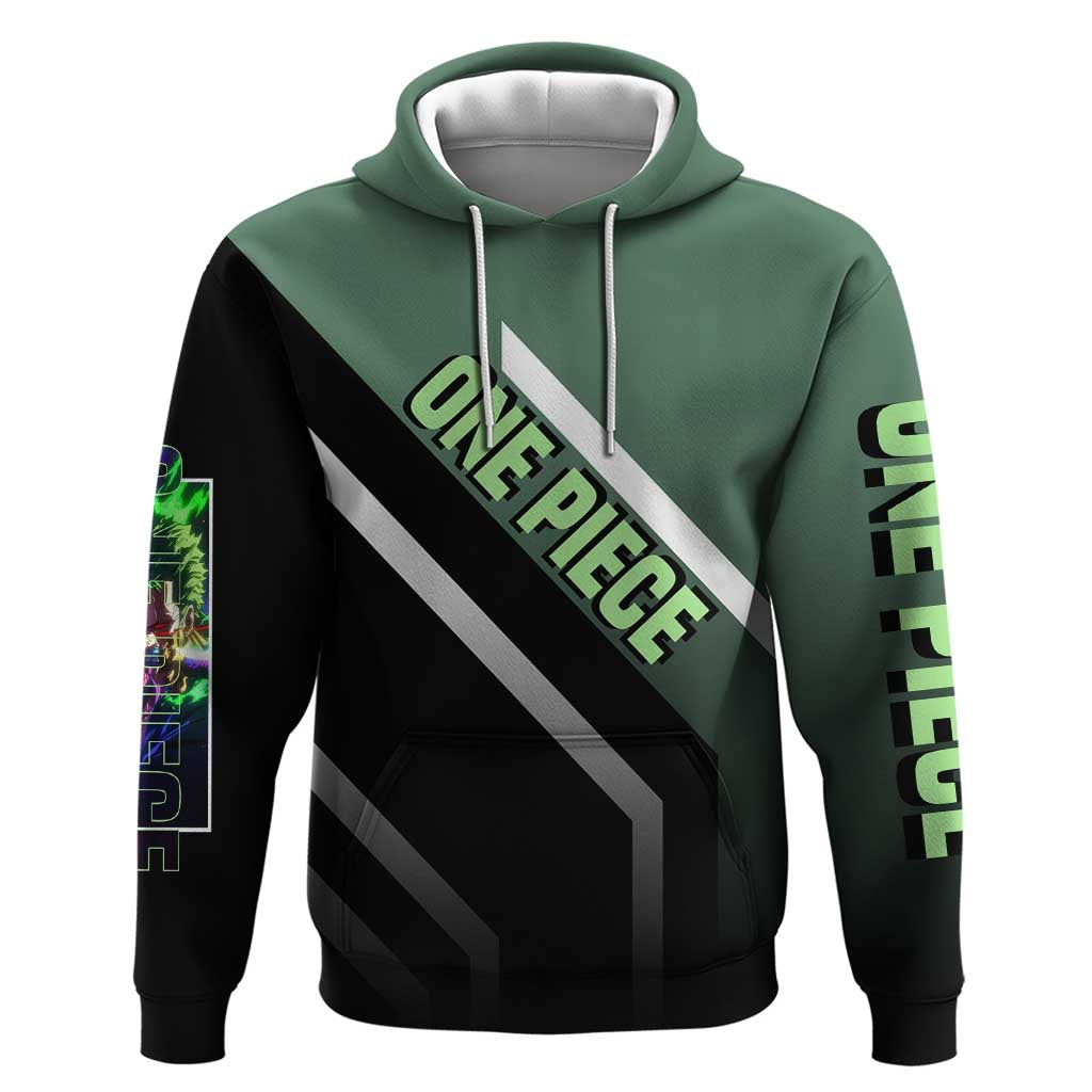 Roronoa Zoro One Piece Zip Hoodie with Swords and Fierce Battle Pose Design - The Mazicc