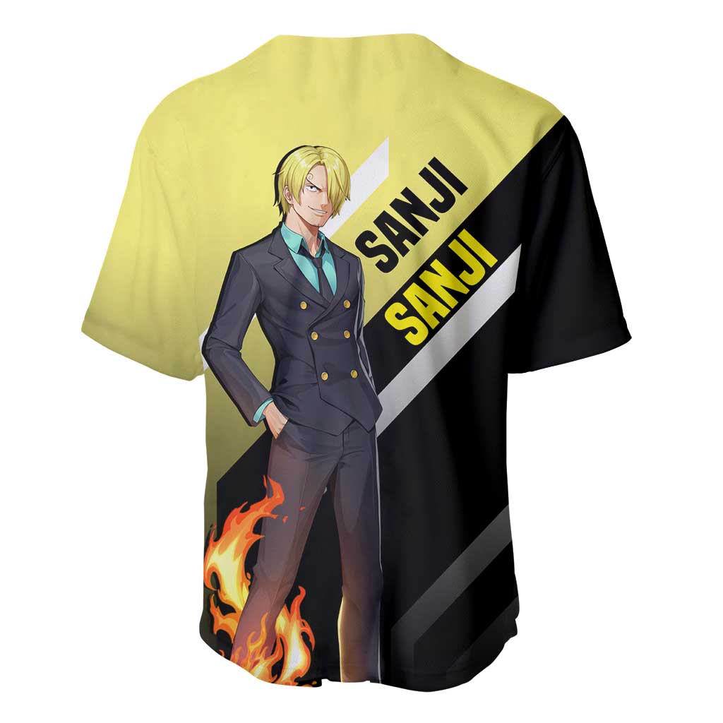 Sanji One Piece Baseball Jersey with Stylish Kick Pose and Fiery Cooking Design - The Mazicc