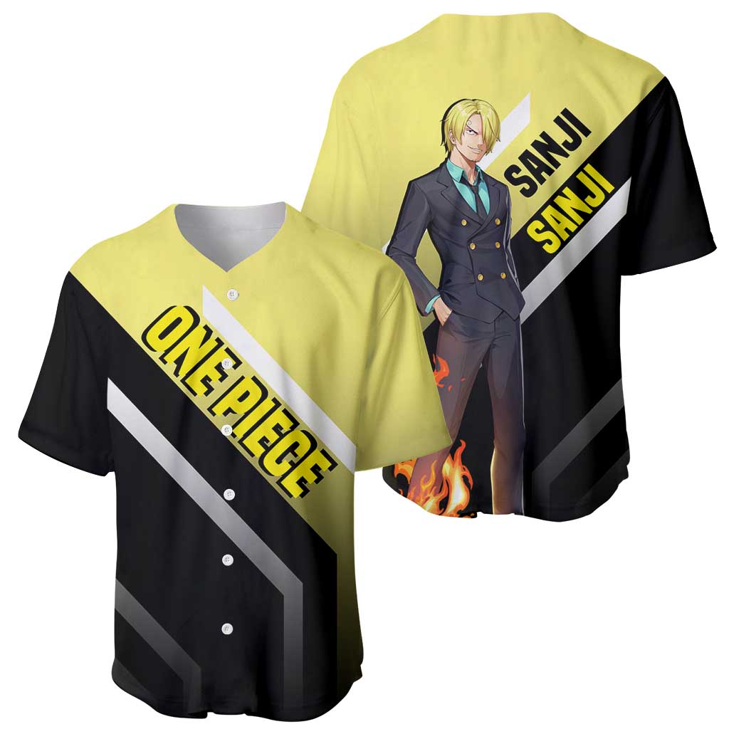 Sanji One Piece Baseball Jersey with Stylish Kick Pose and Fiery Cooking Design - The Mazicc
