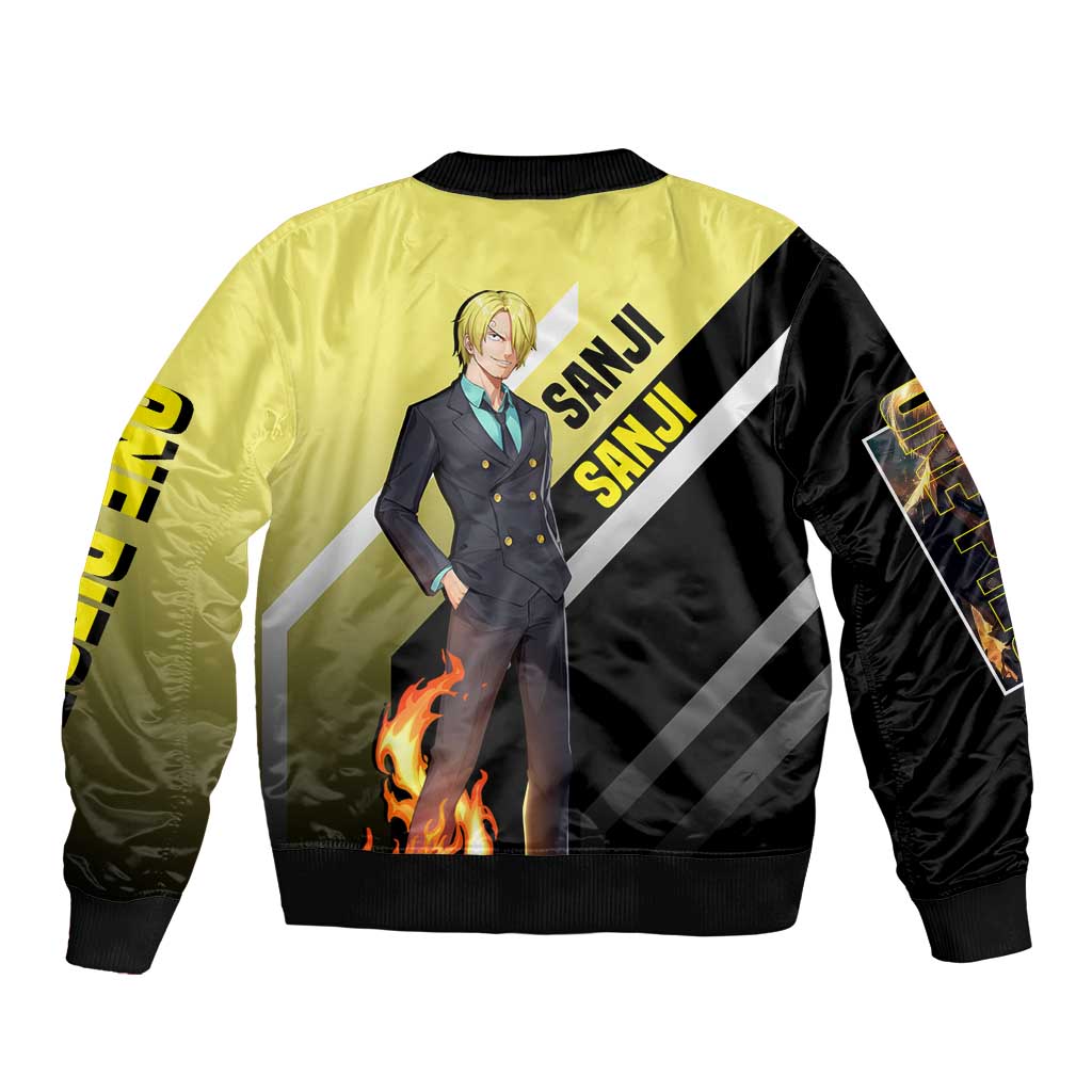 Sanji One Piece Bomber Jacket with Stylish Kick Pose and Fiery Cooking Design - The Mazicc
