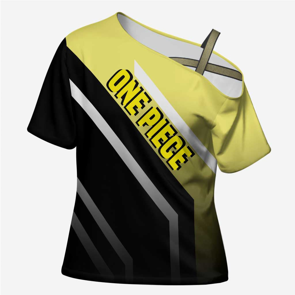 Sanji One Piece Cross Shoulder Shirt with Stylish Kick Pose and Fiery Cooking Design - The Mazicc