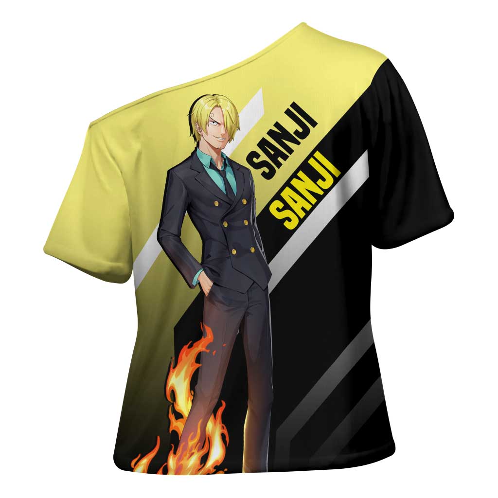 Sanji One Piece Cross Shoulder Shirt with Stylish Kick Pose and Fiery Cooking Design - The Mazicc
