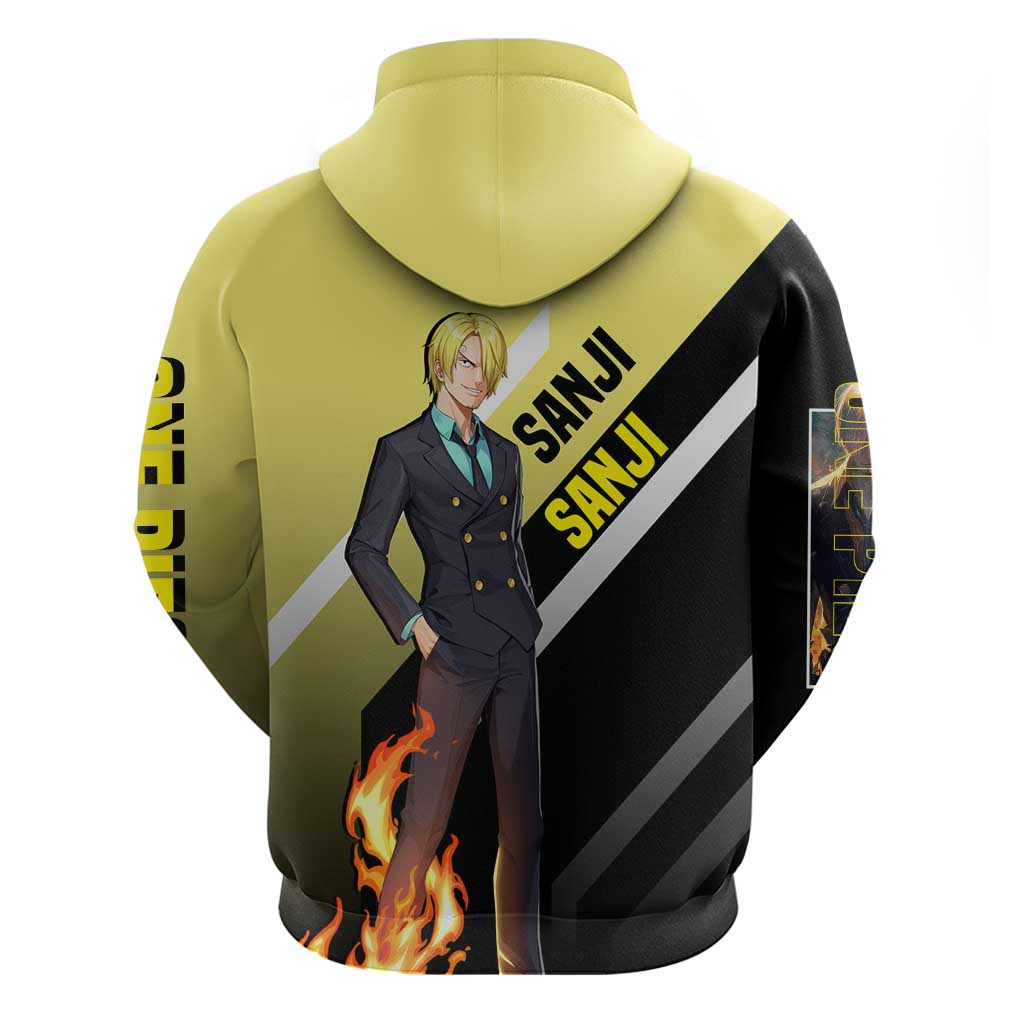 Sanji One Piece Hoodie with Stylish Kick Pose and Fiery Cooking Design - The Mazicc