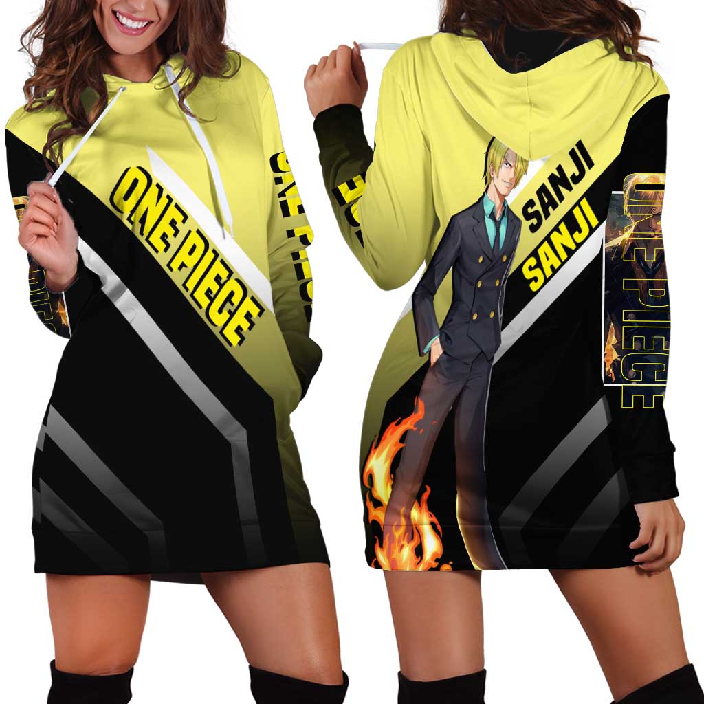 Sanji One Piece Hoodie Dress with Stylish Kick Pose and Fiery Cooking Design - The Mazicc