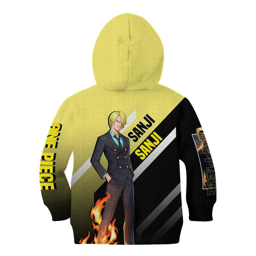 Sanji One Piece Kid Hoodie with Stylish Kick Pose and Fiery Cooking Design - The Mazicc