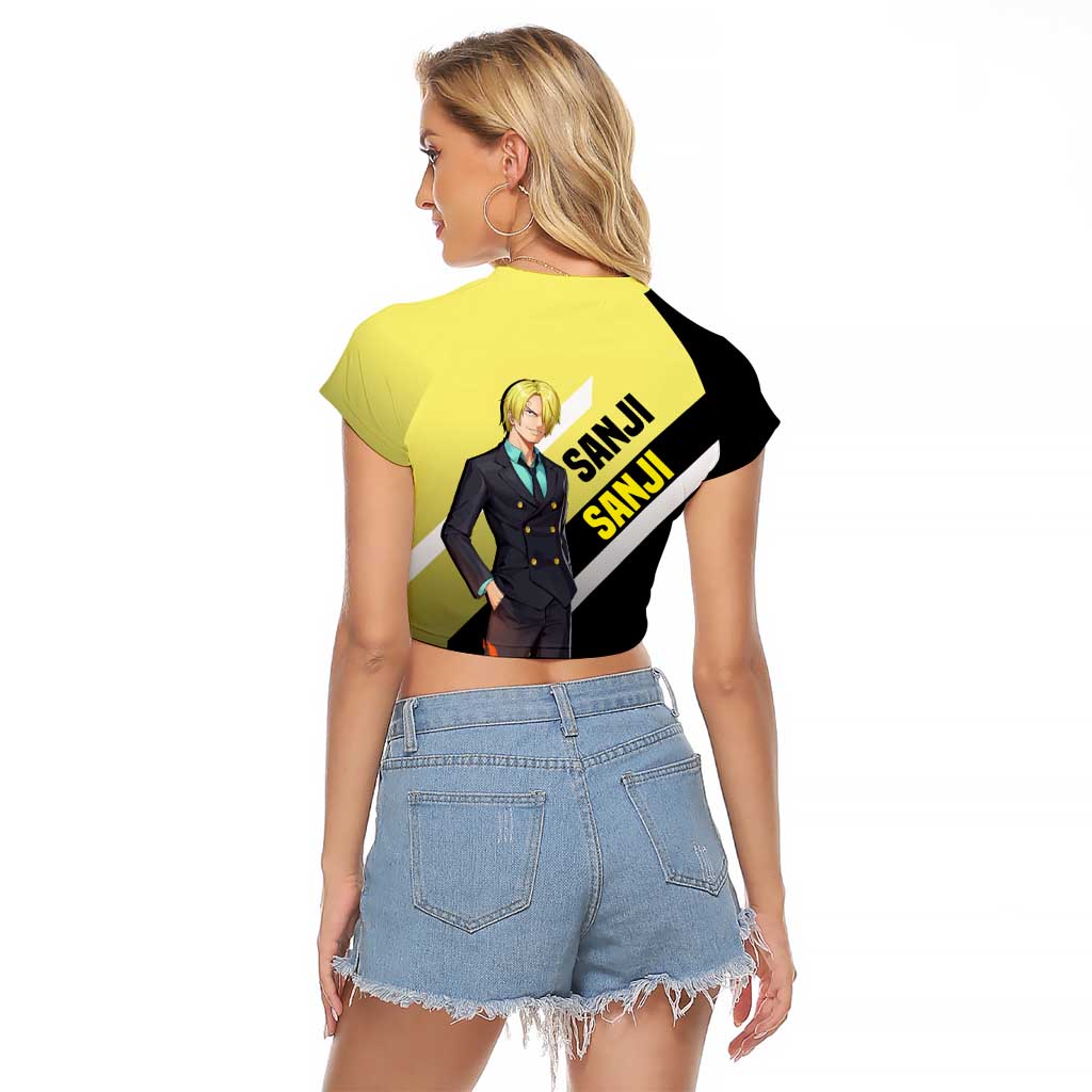 Sanji One Piece Raglan Cropped T Shirt with Stylish Kick Pose and Fiery Cooking Design - The Mazicc