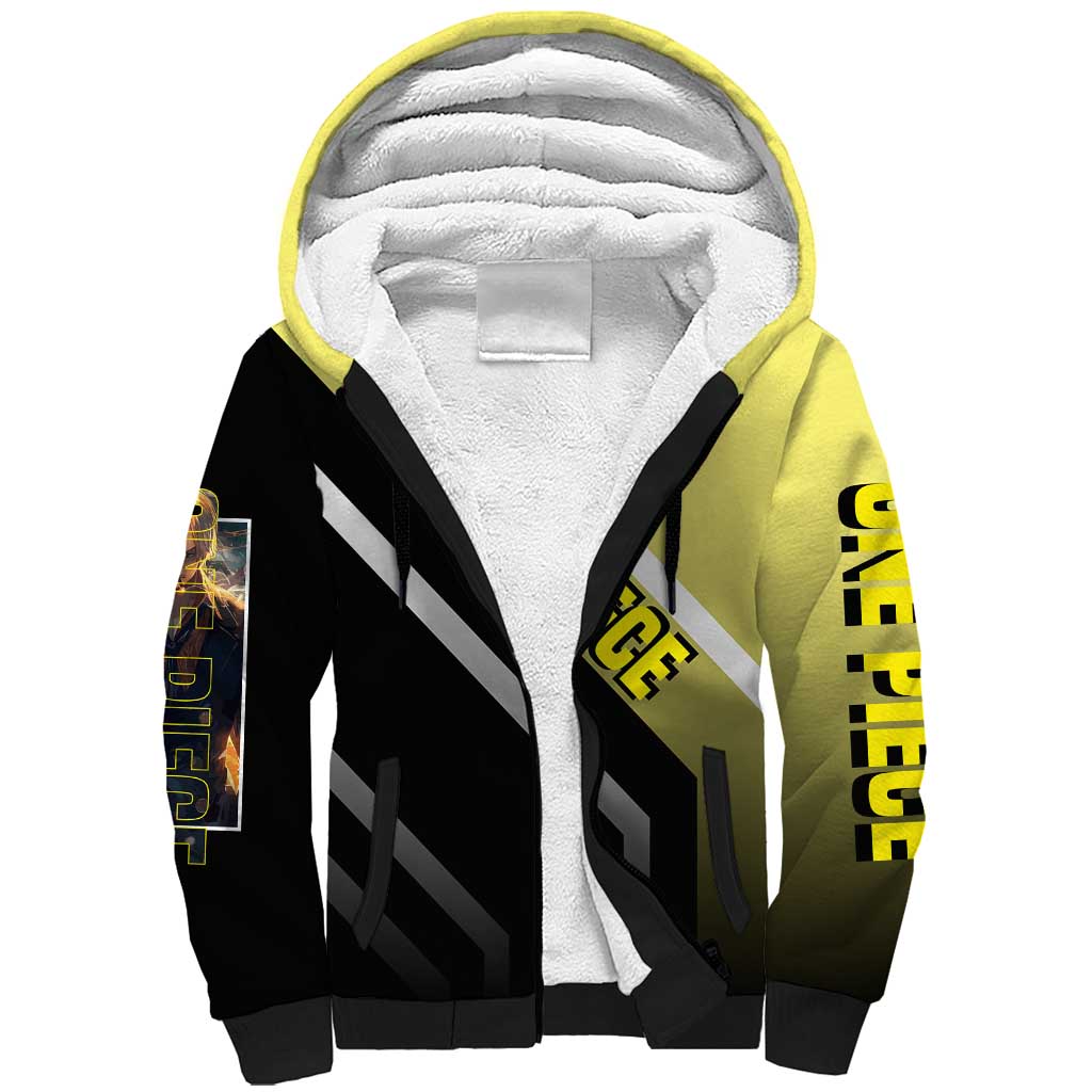 Sanji One Piece Sherpa Hoodie with Stylish Kick Pose and Fiery Cooking Design - The Mazicc