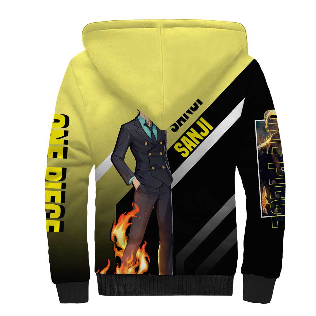 Sanji One Piece Sherpa Hoodie with Stylish Kick Pose and Fiery Cooking Design - The Mazicc