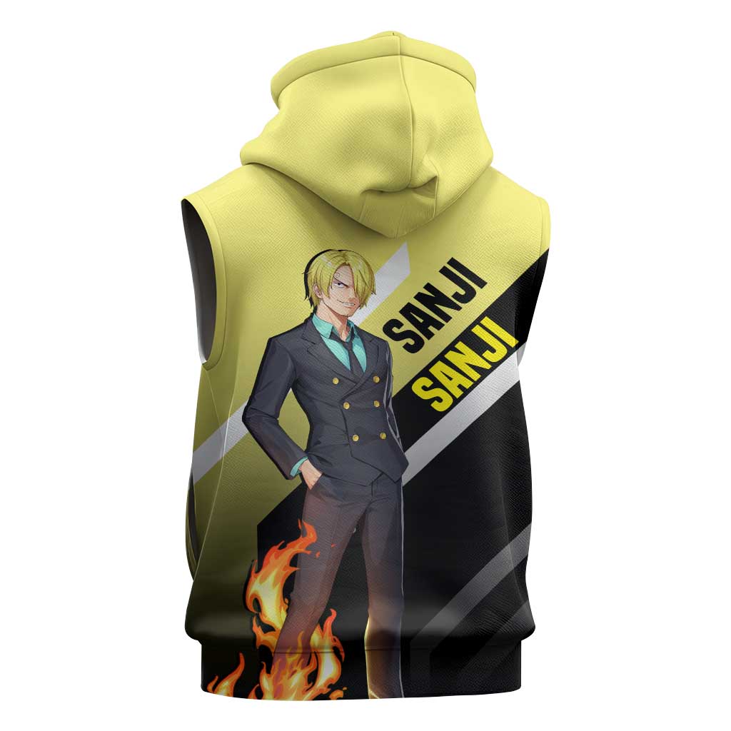 Sanji One Piece Sleeveless Hoodie with Stylish Kick Pose and Fiery Cooking Design - The Mazicc