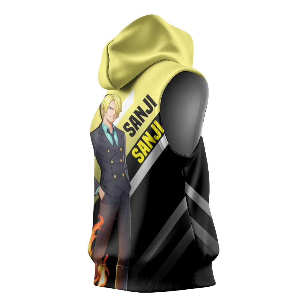 Sanji One Piece Sleeveless Hoodie with Stylish Kick Pose and Fiery Cooking Design - The Mazicc