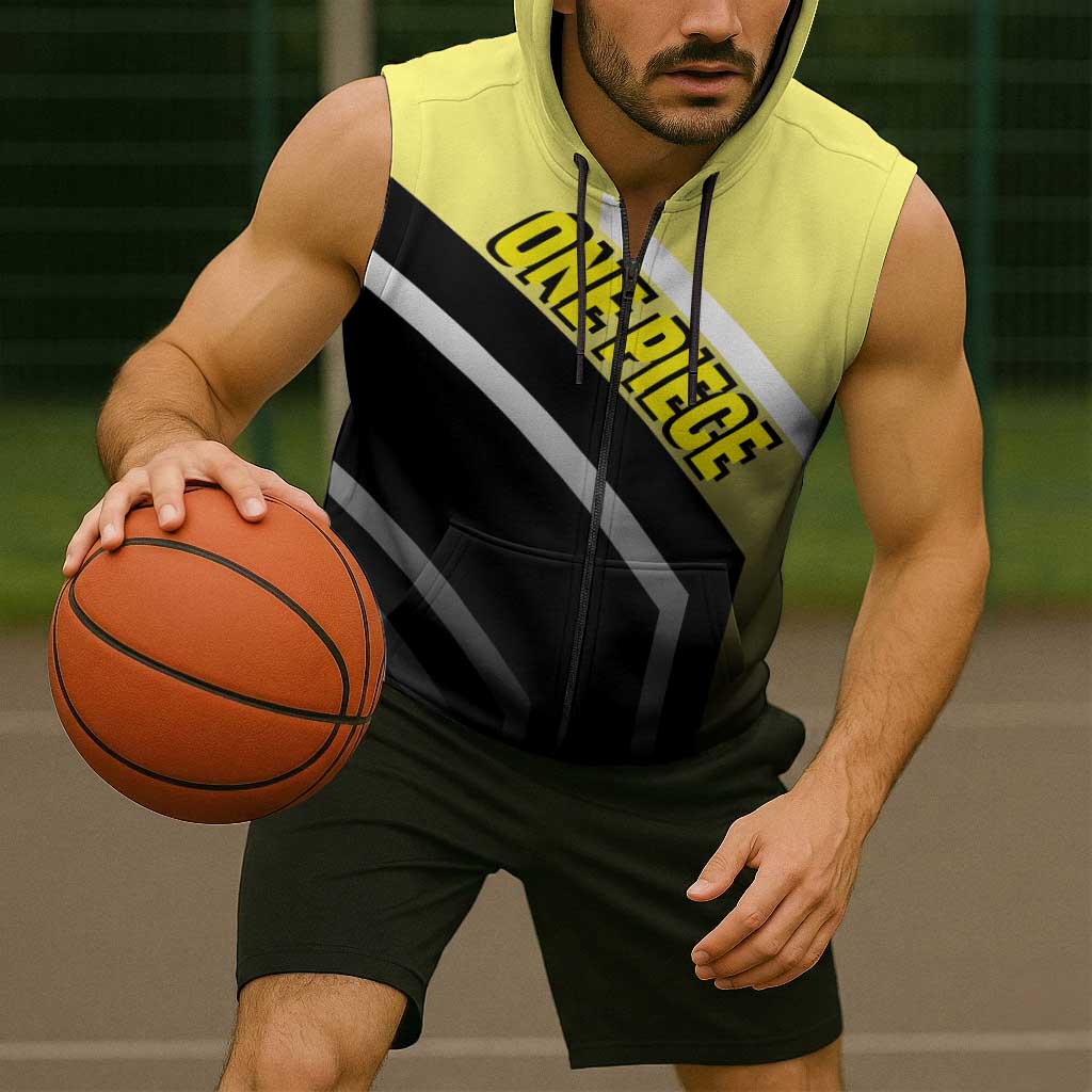 Sanji One Piece Sleeveless Zip Hoodie with Stylish Kick Pose and Fiery Cooking Design - The Mazicc