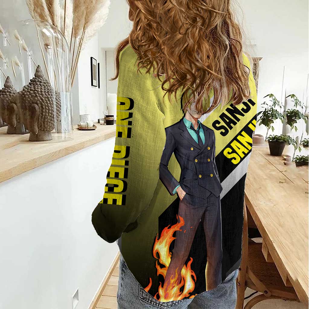 Sanji One Piece Women Casual Shirt with Stylish Kick Pose and Fiery Cooking Design - The Mazicc