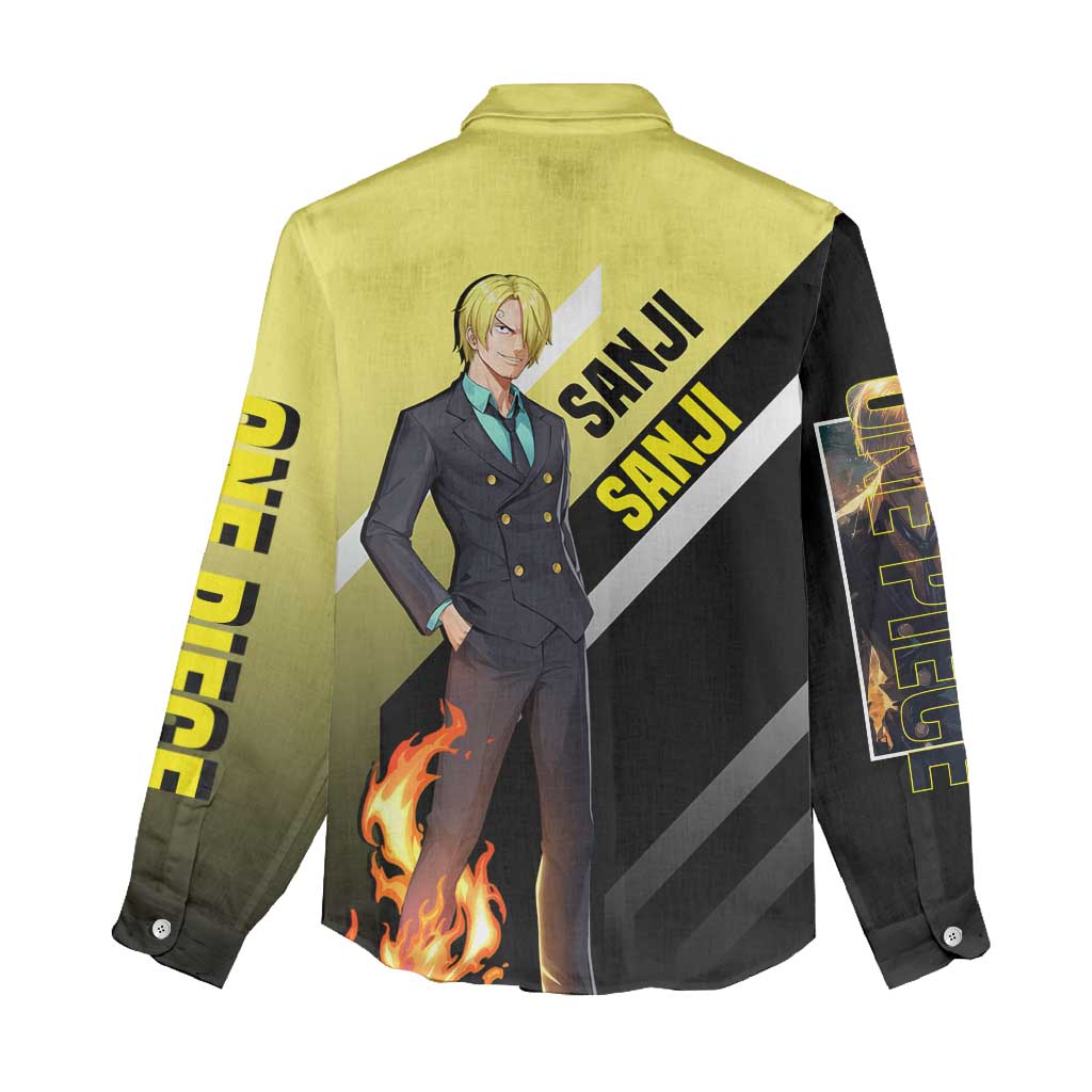 Sanji One Piece Women Casual Shirt with Stylish Kick Pose and Fiery Cooking Design - The Mazicc