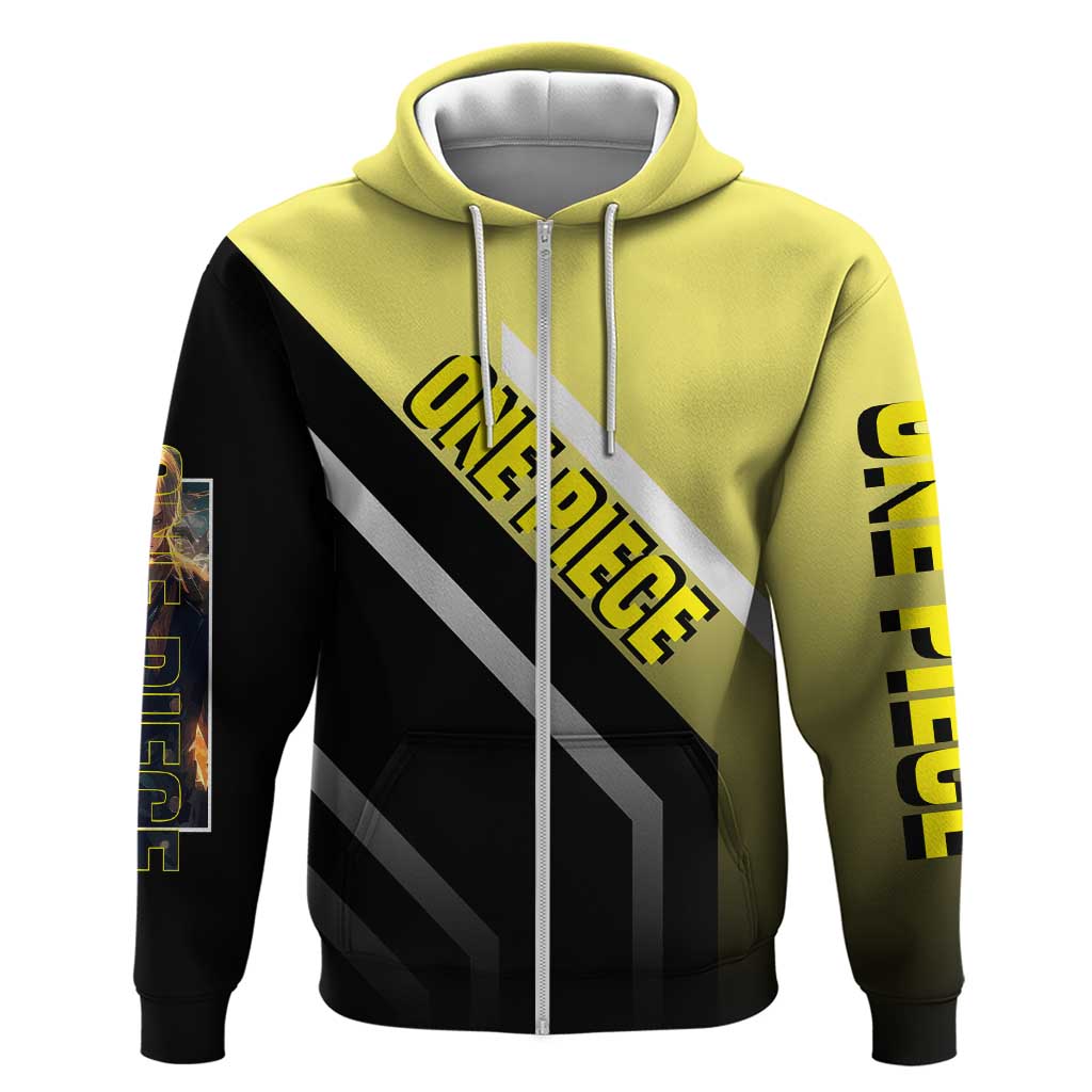 Sanji One Piece Zip Hoodie with Stylish Kick Pose and Fiery Cooking Design - The Mazicc