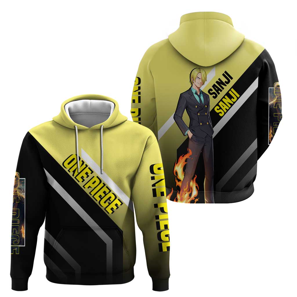 Sanji One Piece Zip Hoodie with Stylish Kick Pose and Fiery Cooking Design - The Mazicc