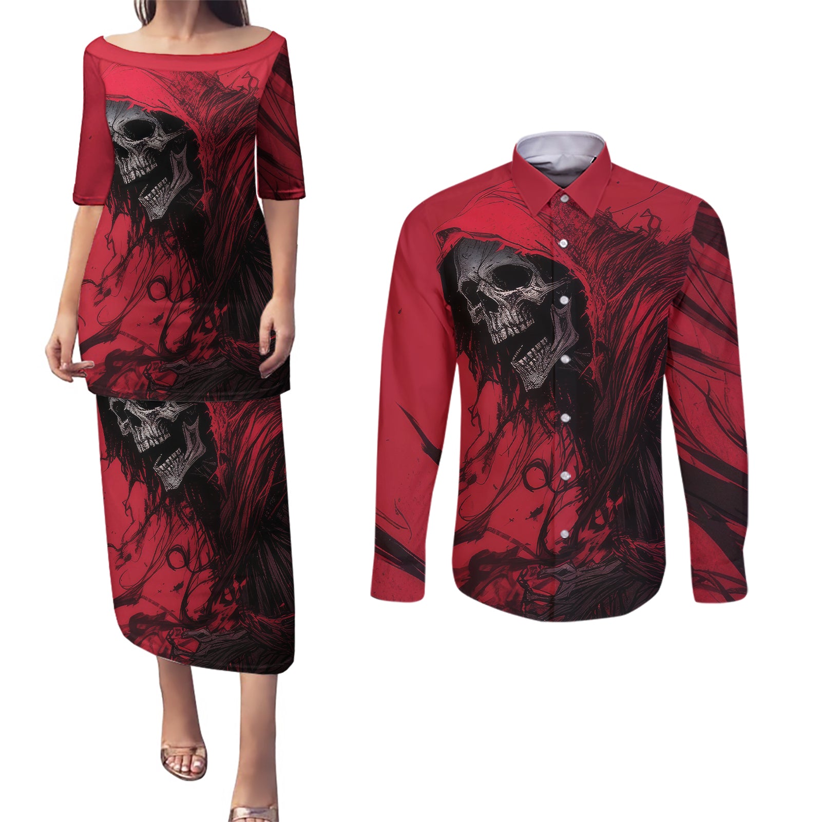skull-death-couples-matching-puletasi-dress-and-long-sleeve-button-shirts-your-time
