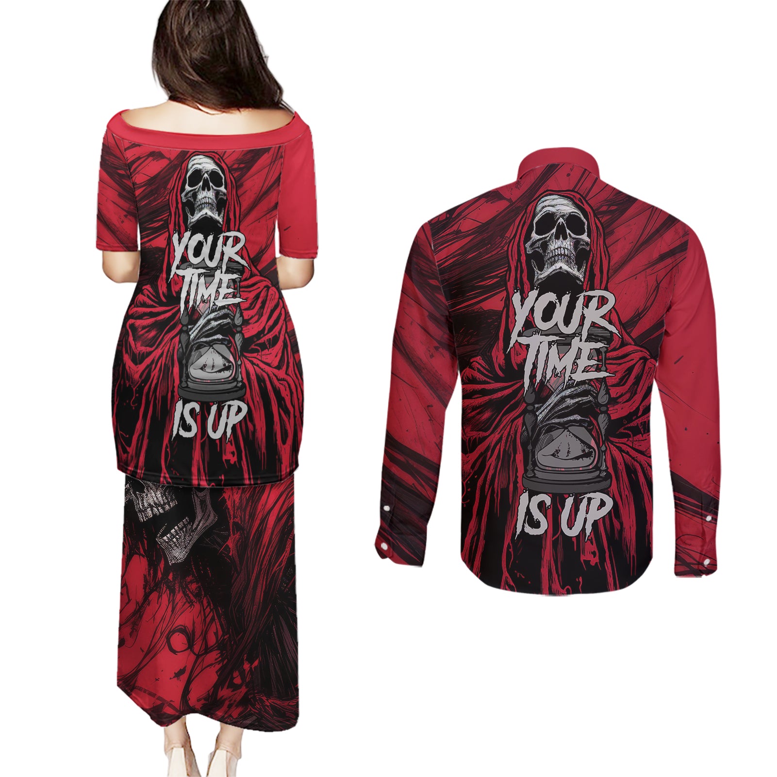 skull-death-couples-matching-puletasi-dress-and-long-sleeve-button-shirts-your-time