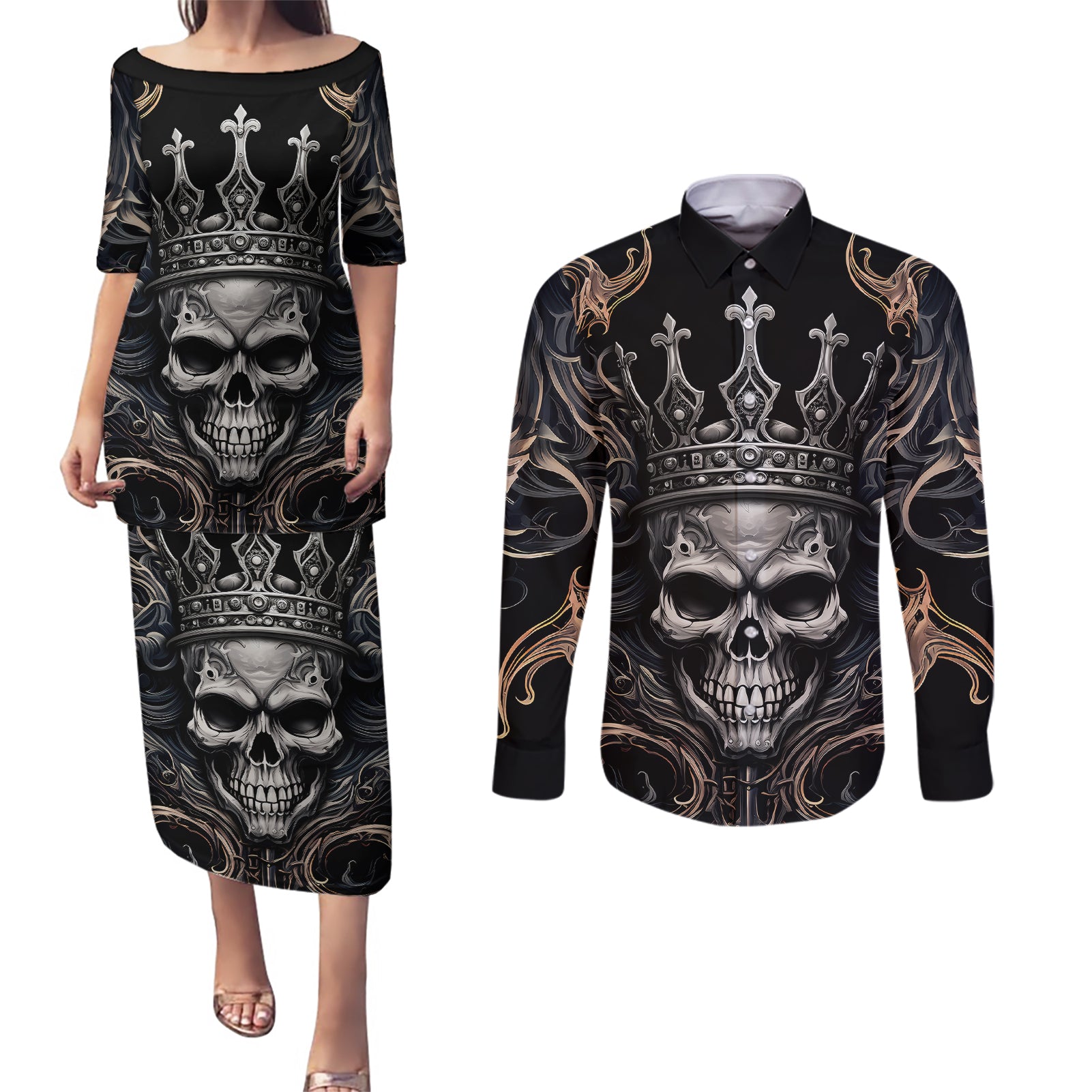 skull-fantasy-couples-matching-puletasi-dress-and-long-sleeve-button-shirts-who-needs-inner-demons-when-you-are-the-demon
