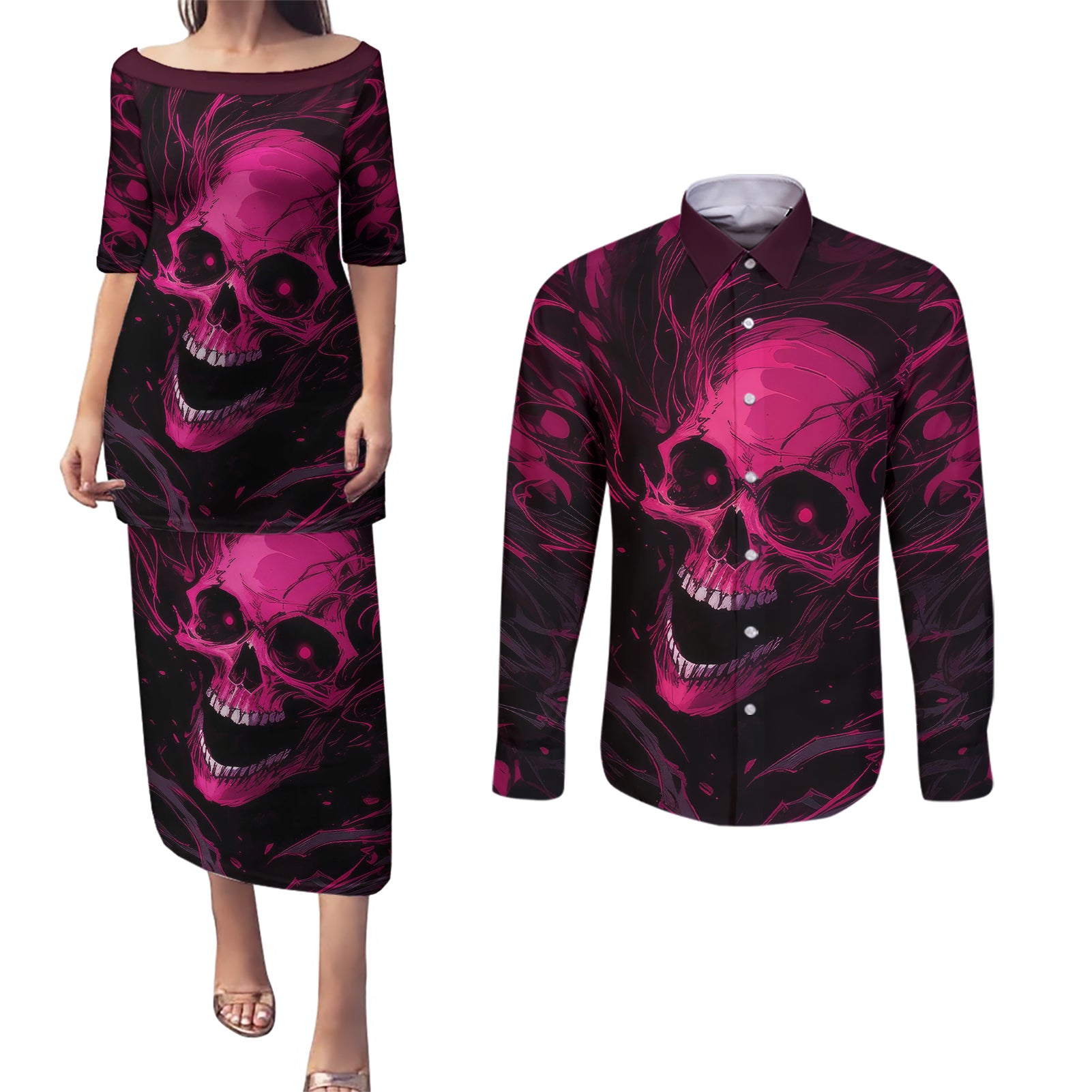 death-skull-couples-matching-puletasi-dress-and-long-sleeve-button-shirts-im-scary-enough-without-a-costume