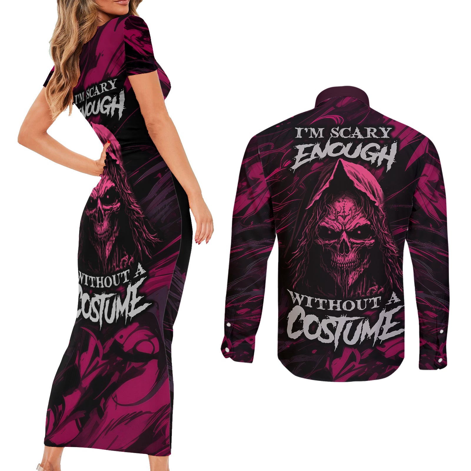 death-skull-couples-matching-short-sleeve-bodycon-dress-and-long-sleeve-button-shirts-im-scary-enough-without-a-costume