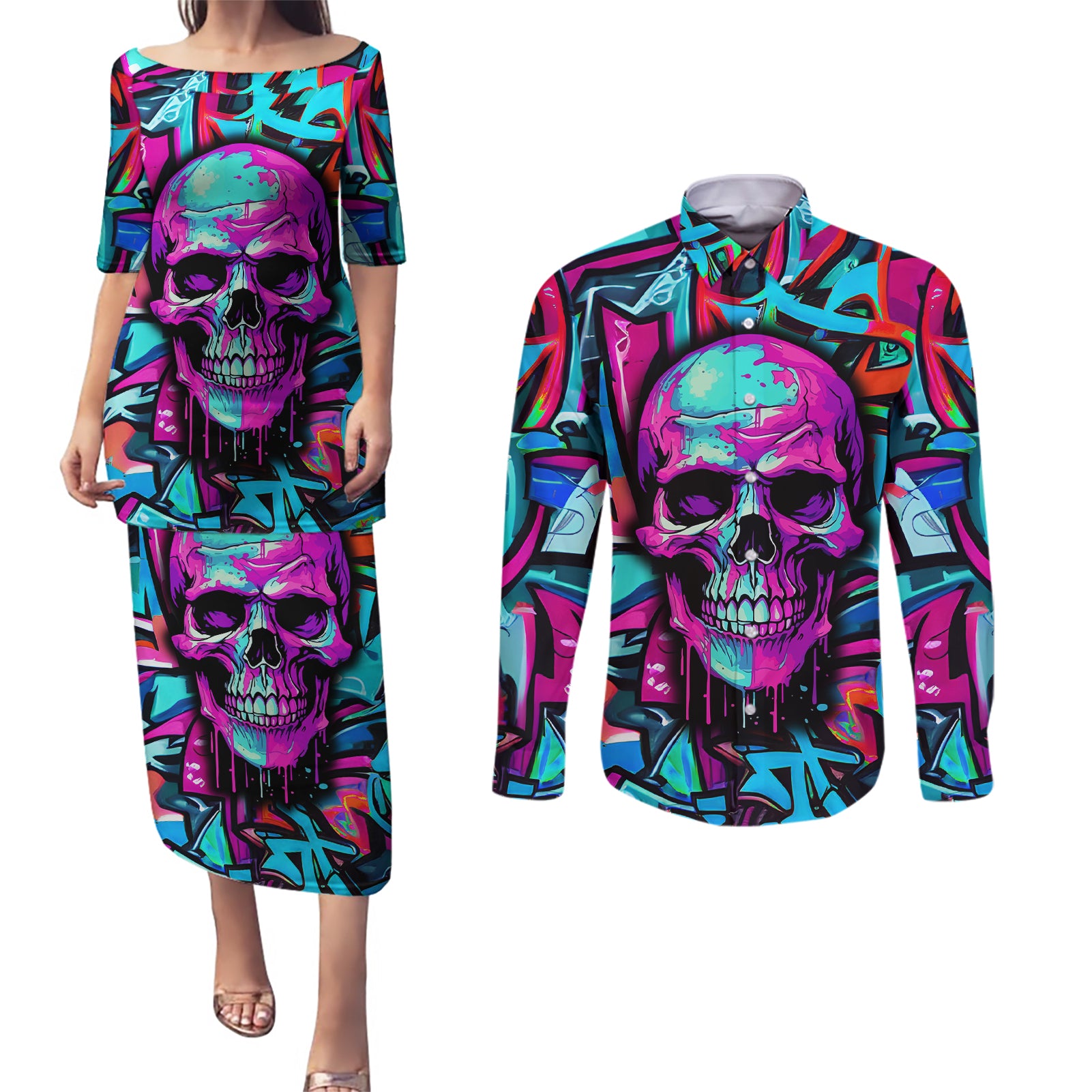 skull-grafity-couples-matching-puletasi-dress-and-long-sleeve-button-shirts-you-are-never-too-young-to-dream-big