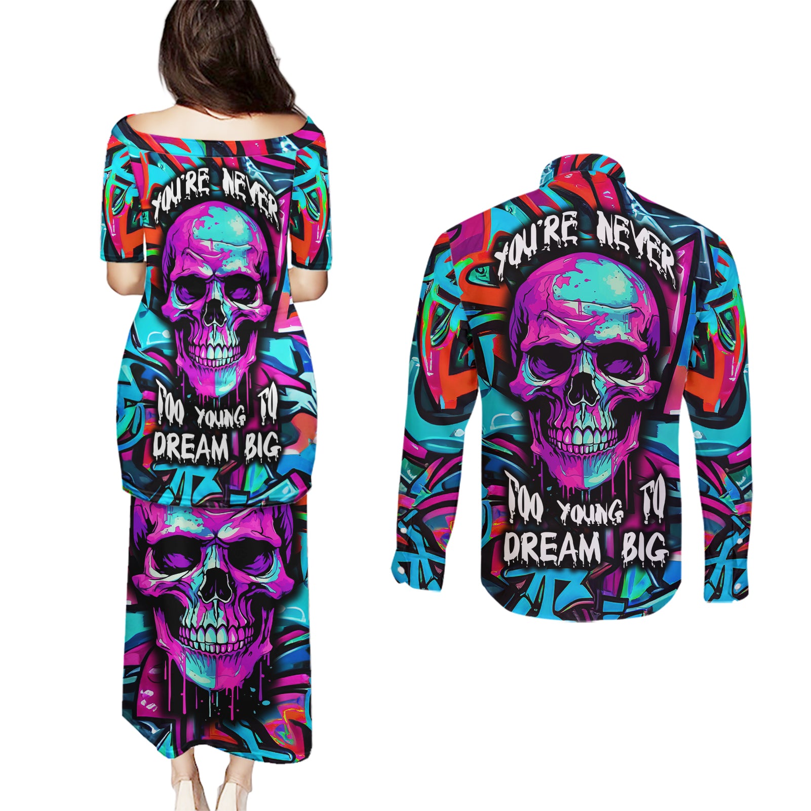 skull-grafity-couples-matching-puletasi-dress-and-long-sleeve-button-shirts-you-are-never-too-young-to-dream-big