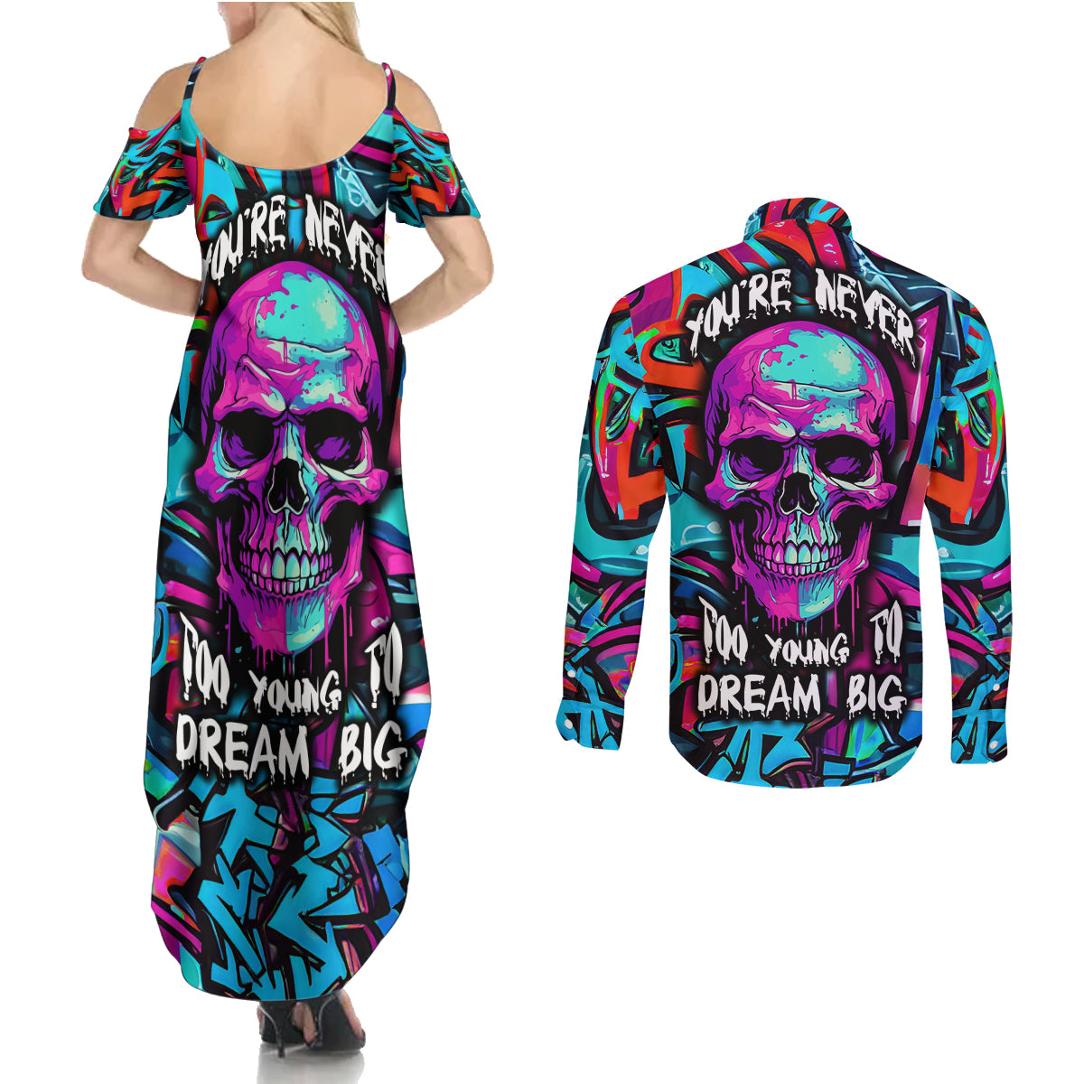 skull-grafity-couples-matching-summer-maxi-dress-and-long-sleeve-button-shirts-you-are-never-too-young-to-dream-big