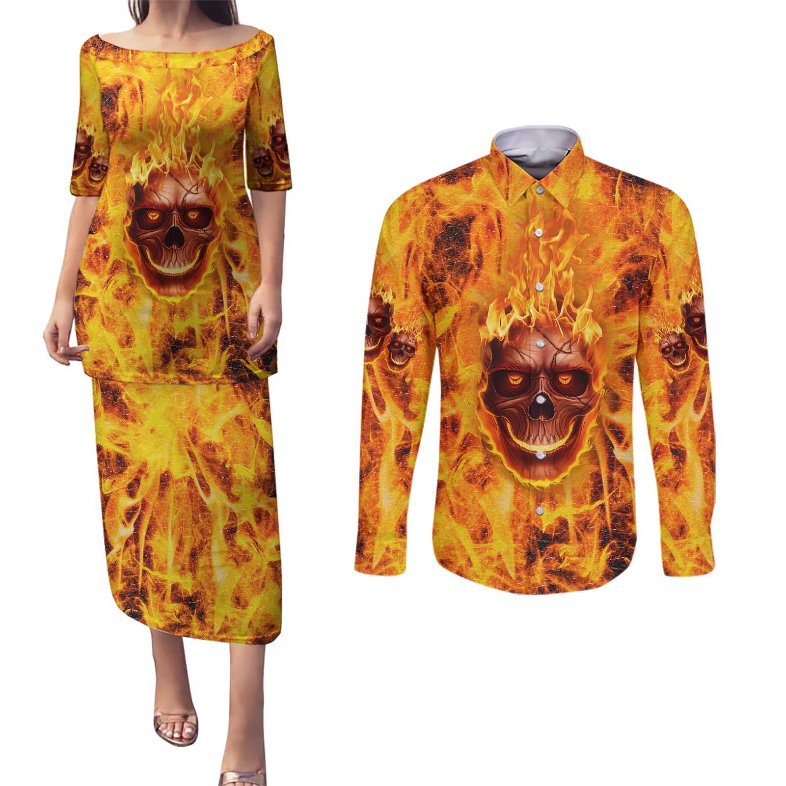 three-skulls-flaming-couples-matching-puletasi-dress-and-long-sleeve-button-shirts-high-on-fire