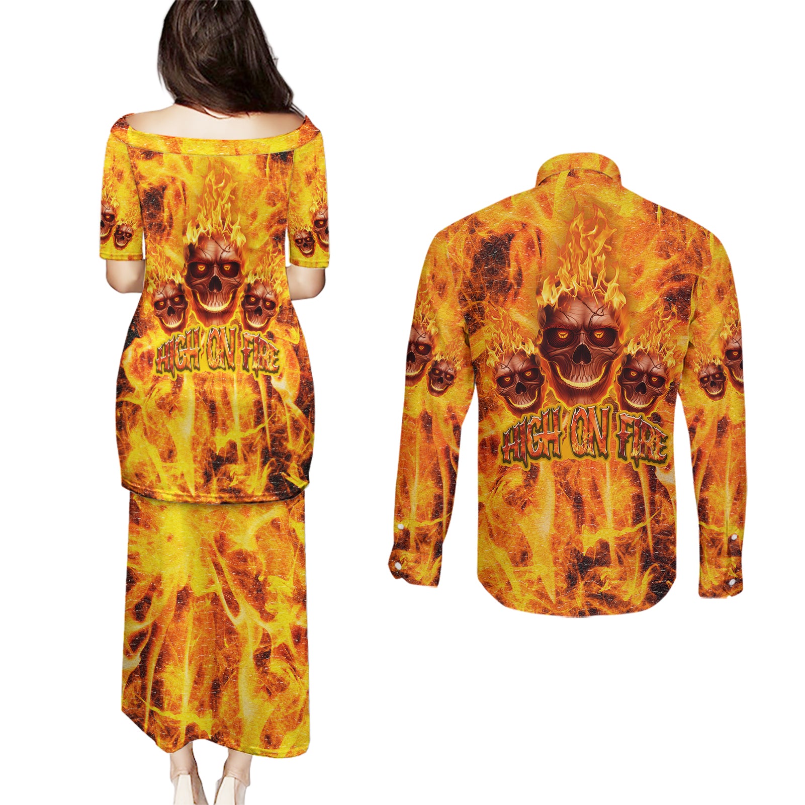 three-skulls-flaming-couples-matching-puletasi-dress-and-long-sleeve-button-shirts-high-on-fire
