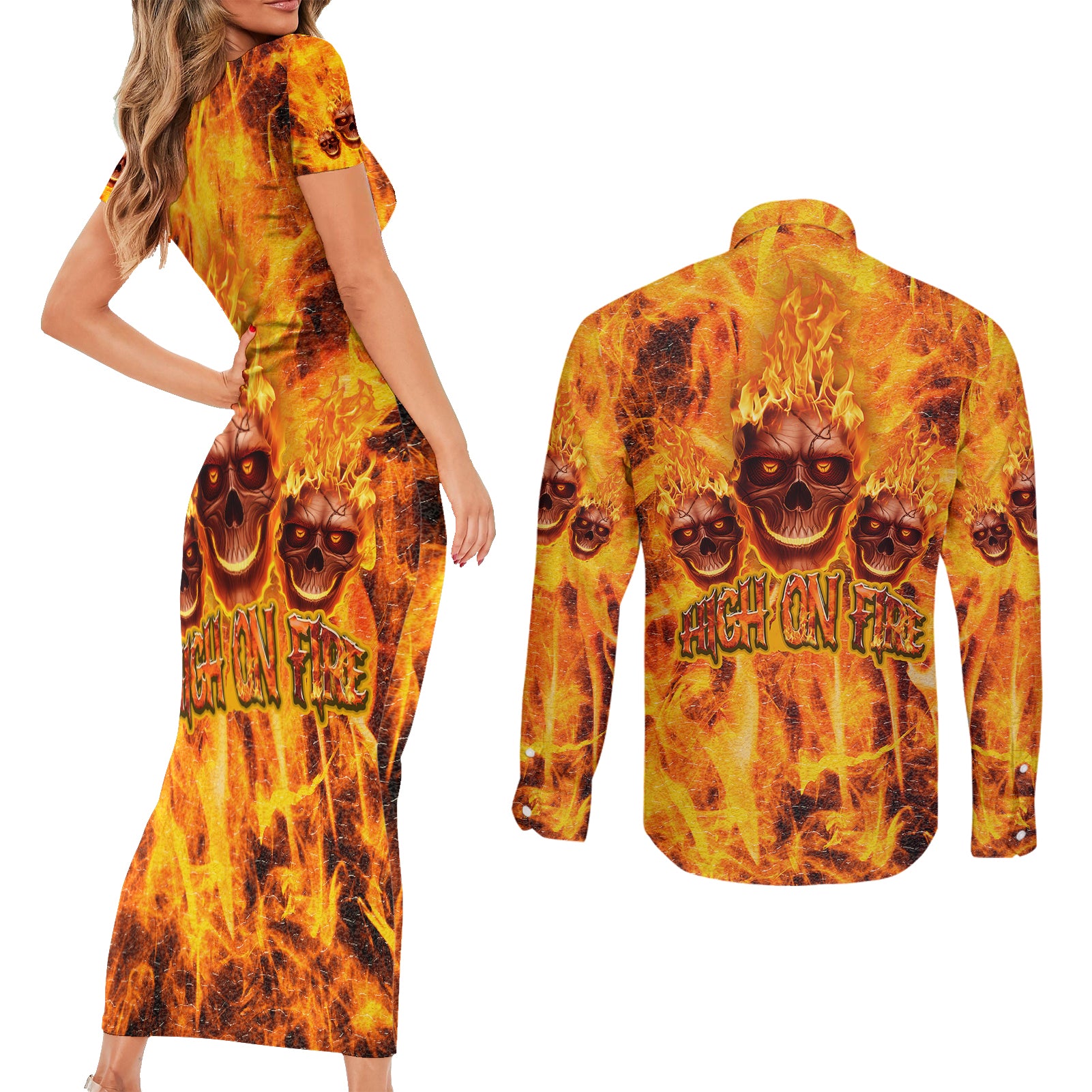 three-skulls-flaming-couples-matching-short-sleeve-bodycon-dress-and-long-sleeve-button-shirts-high-on-fire