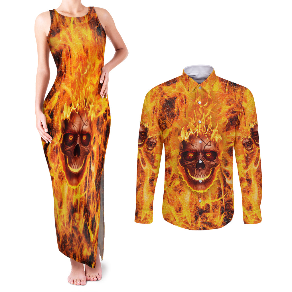 three-skulls-flaming-couples-matching-tank-maxi-dress-and-long-sleeve-button-shirts-high-on-fire