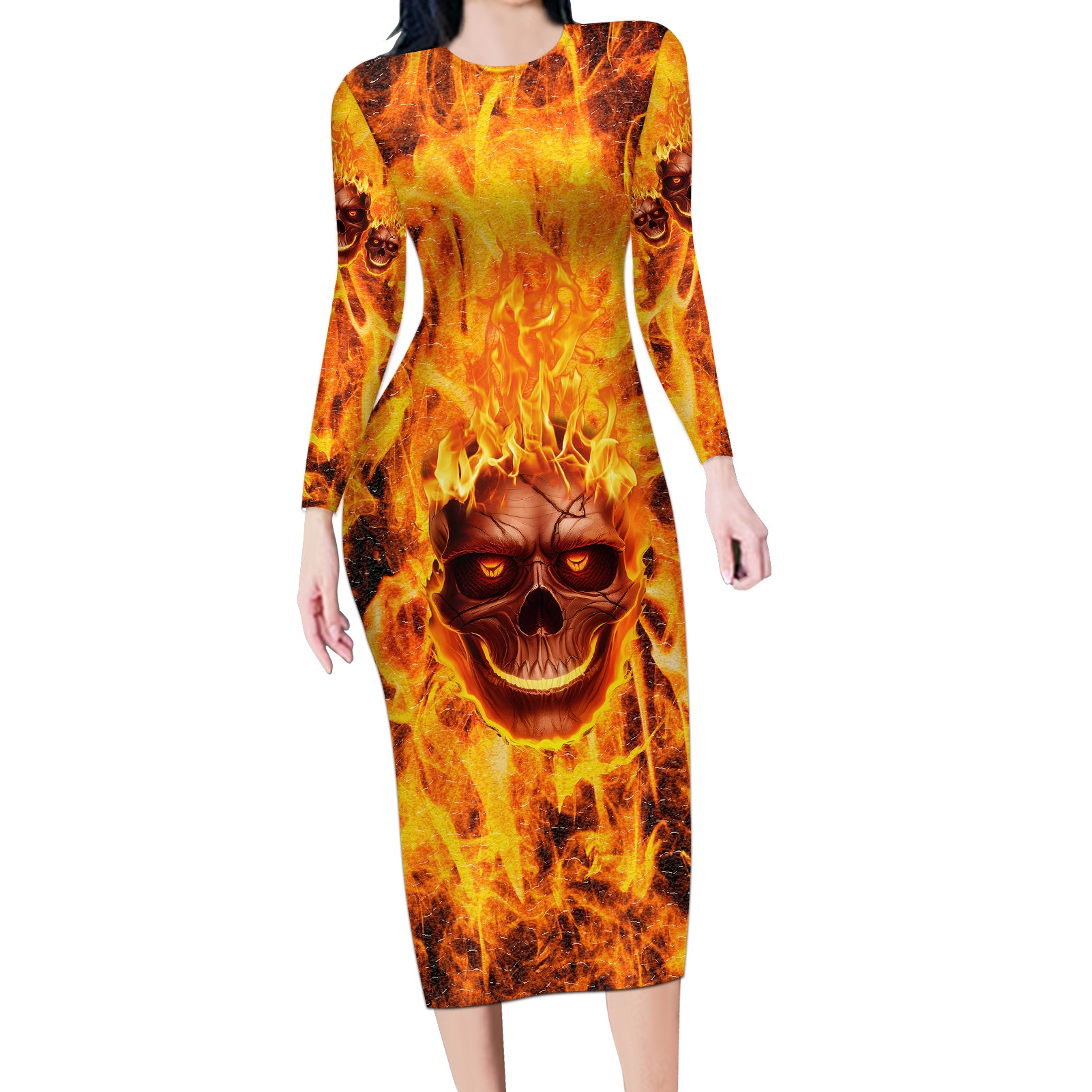 three-skulls-flaming-long-sleeve-bodycon-dress-high-on-fire