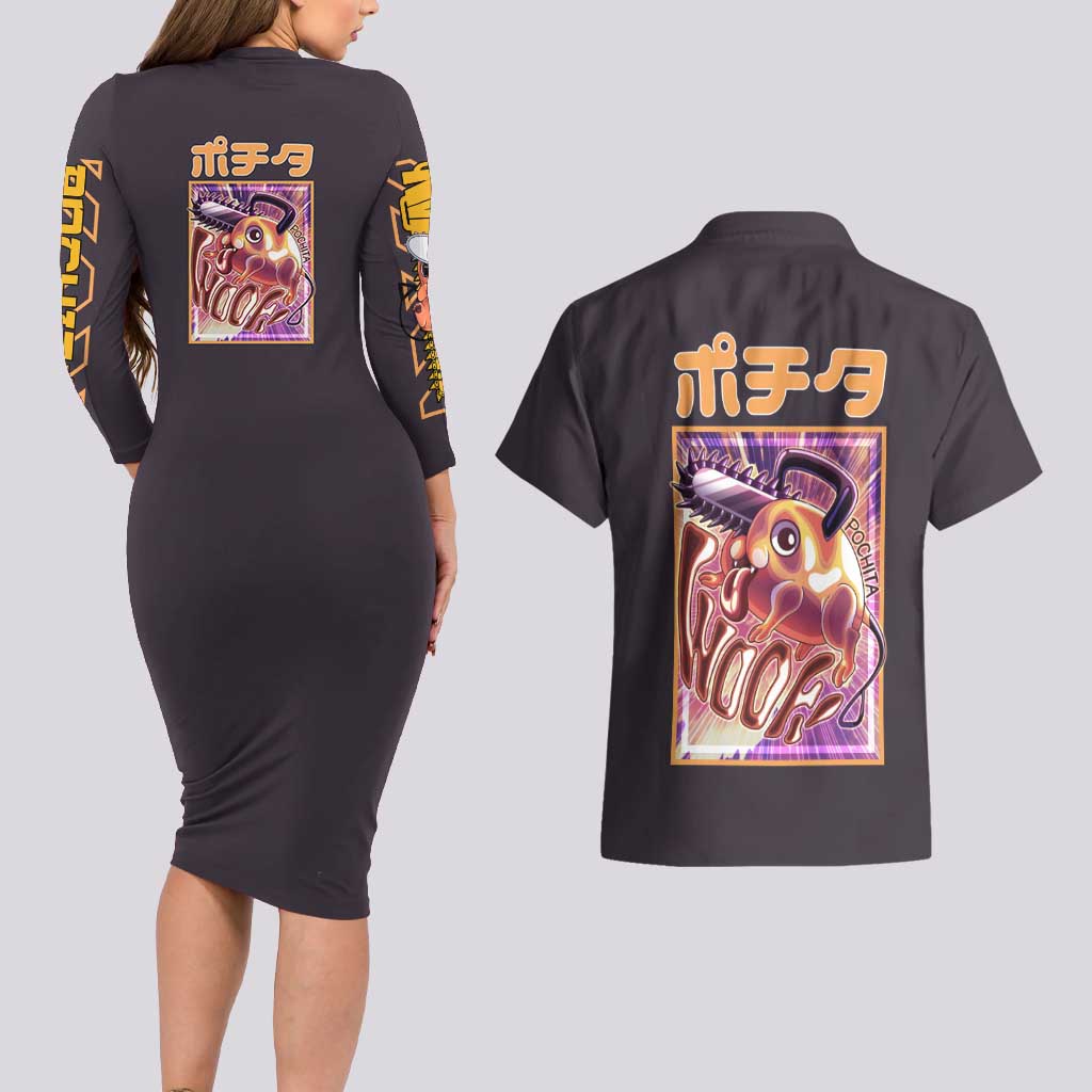 Pochita Chainsaw Man Couples Matching Long Sleeve Bodycon Dress and Hawaiian Shirt Anime Style