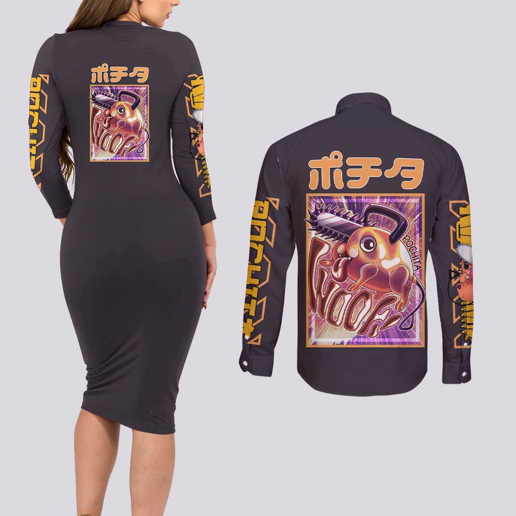 Pochita Chainsaw Man Couples Matching Long Sleeve Bodycon Dress and Long Sleeve Button Shirt Anime Style