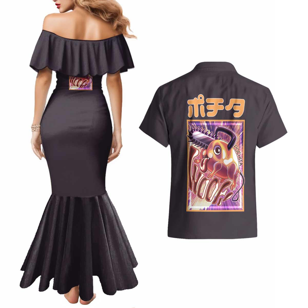 Pochita Chainsaw Man Couples Matching Mermaid Dress and Hawaiian Shirt Anime Style