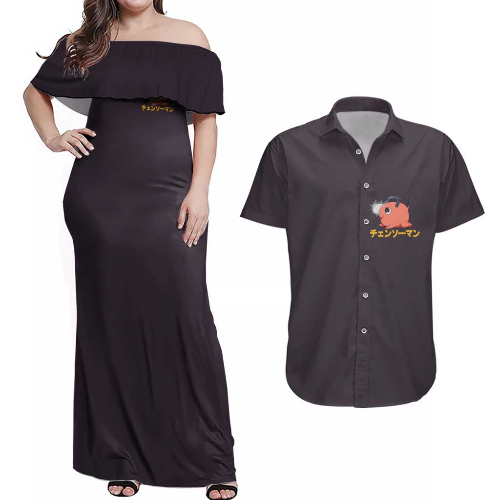 Pochita Chainsaw Man Couples Matching Off Shoulder Maxi Dress and Hawaiian Shirt Anime Style