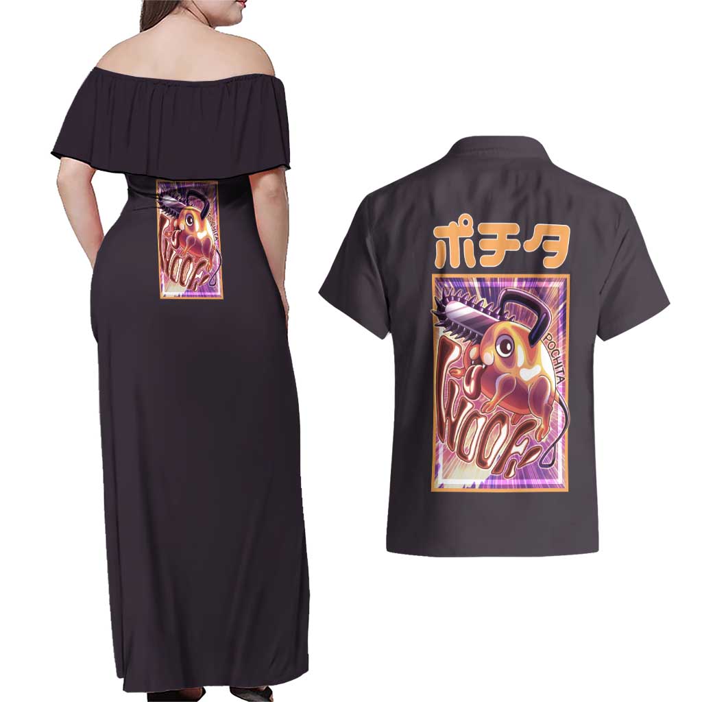 Pochita Chainsaw Man Couples Matching Off Shoulder Maxi Dress and Hawaiian Shirt Anime Style