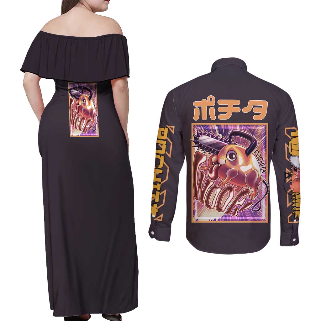 Pochita Chainsaw Man Couples Matching Off Shoulder Maxi Dress and Long Sleeve Button Shirt Anime Style