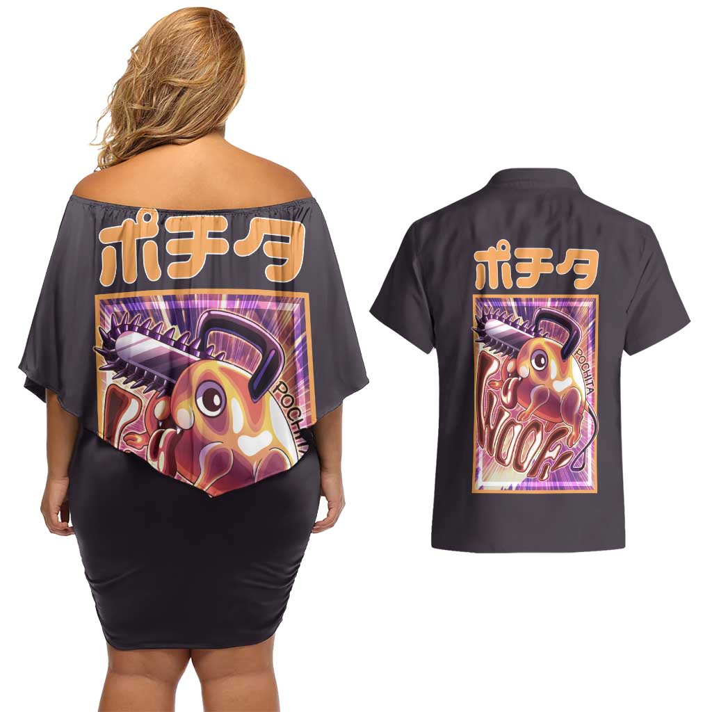 Pochita Chainsaw Man Couples Matching Off Shoulder Short Dress and Hawaiian Shirt Anime Style
