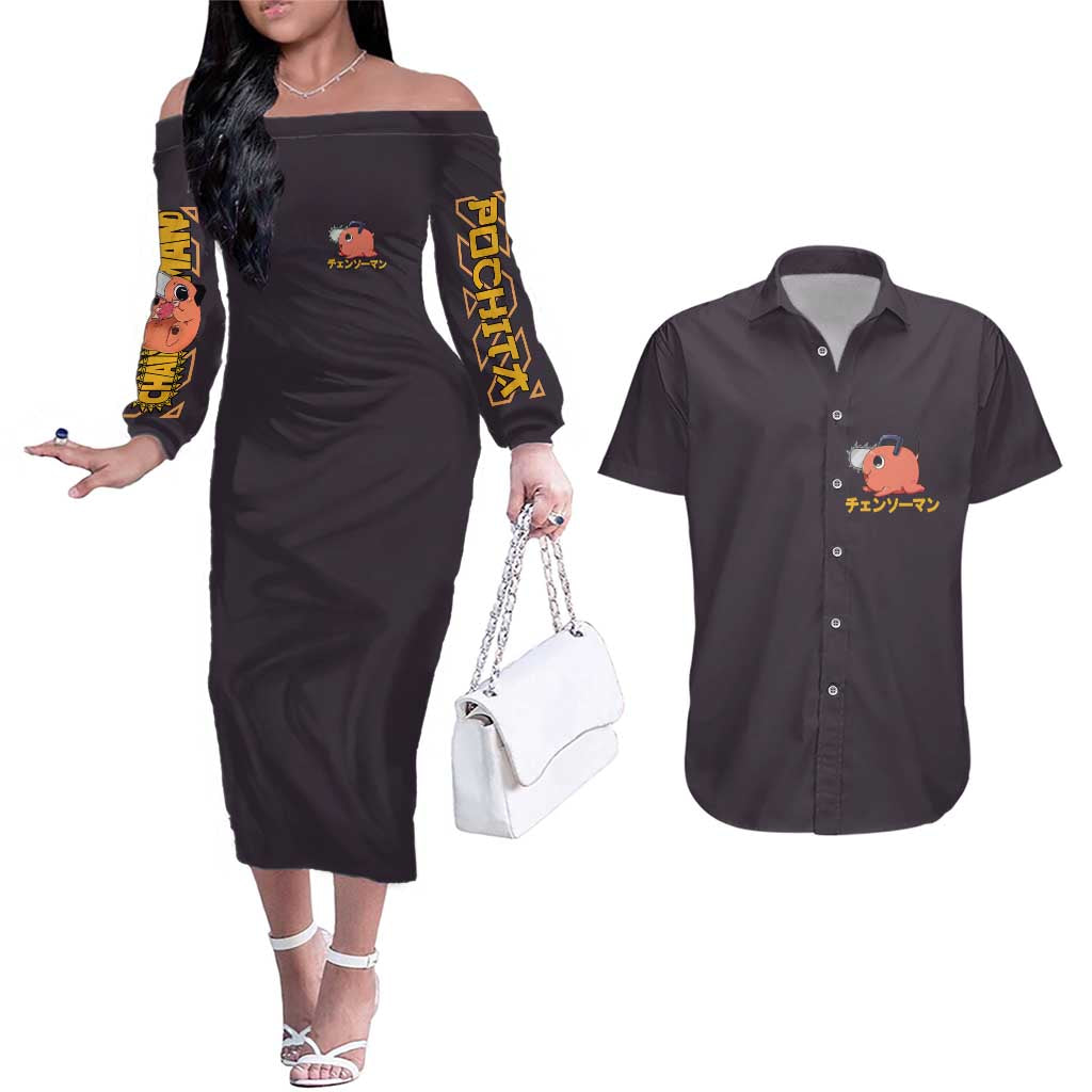 Pochita Chainsaw Man Couples Matching Off The Shoulder Long Sleeve Dress and Hawaiian Shirt Anime Style