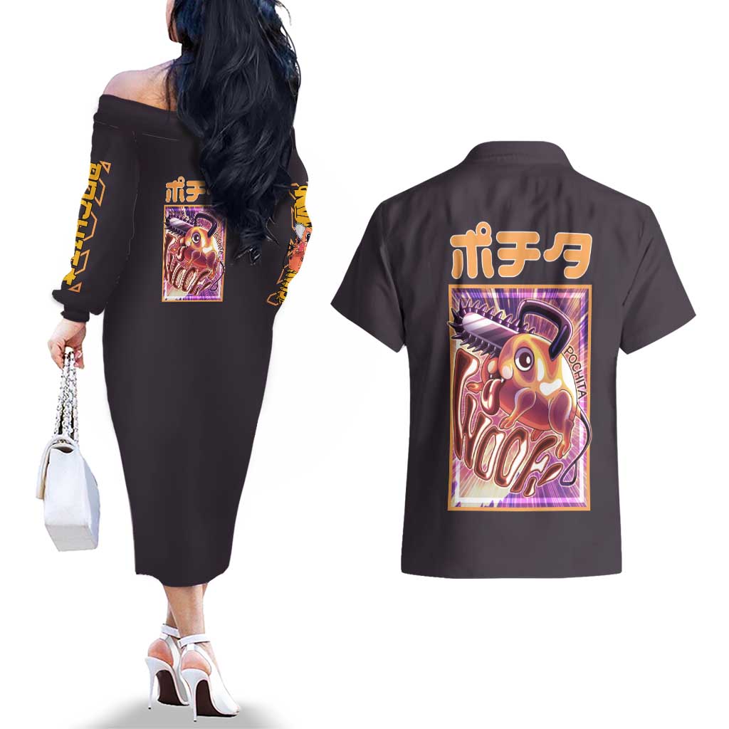 Pochita Chainsaw Man Couples Matching Off The Shoulder Long Sleeve Dress and Hawaiian Shirt Anime Style