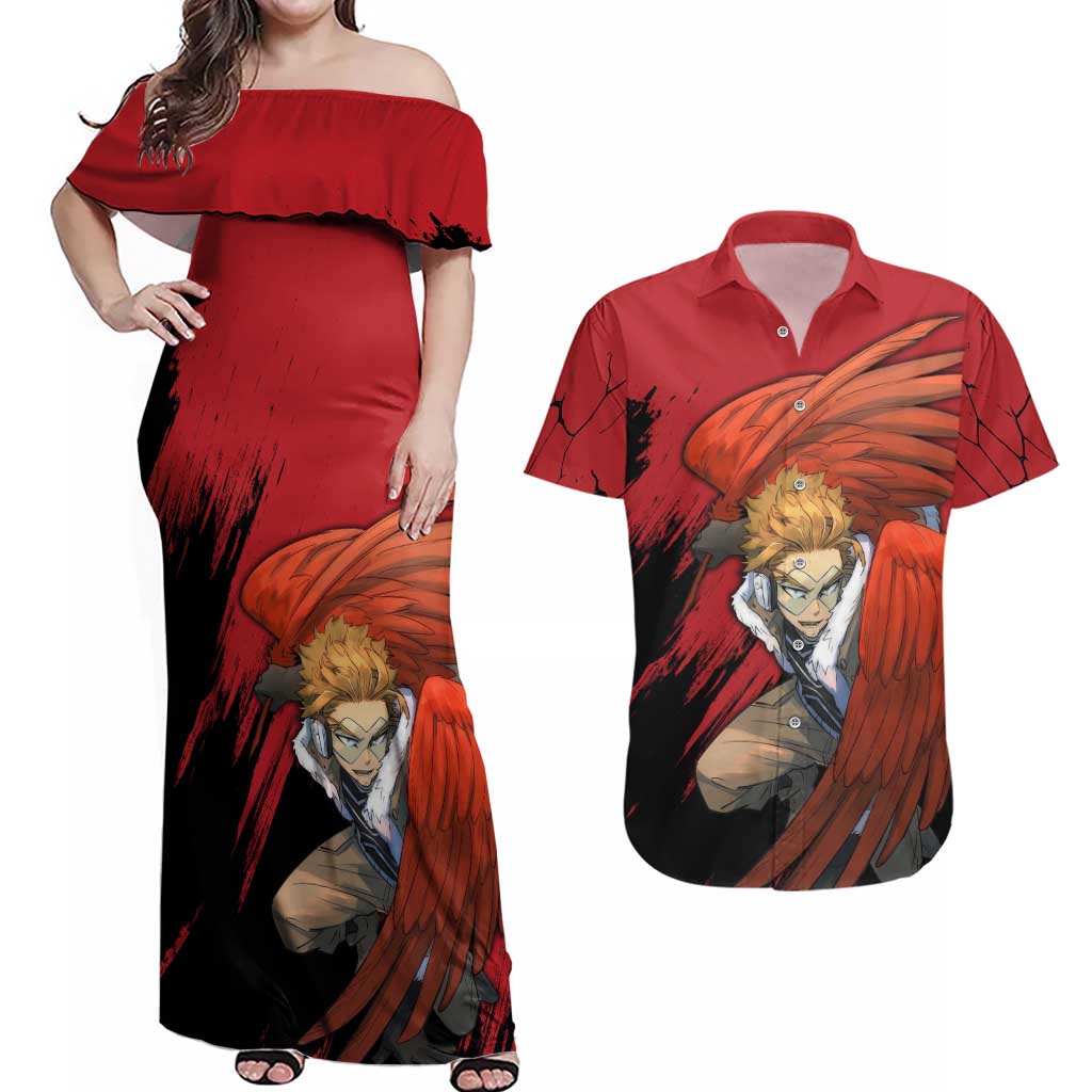 Hawks  - My Hero Academia Couples Matching Off Shoulder Maxi Dress and Hawaiian Shirt Anime Style