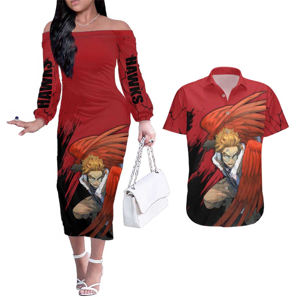 Hawks  - My Hero Academia Couples Matching Off The Shoulder Long Sleeve Dress and Hawaiian Shirt Anime Style