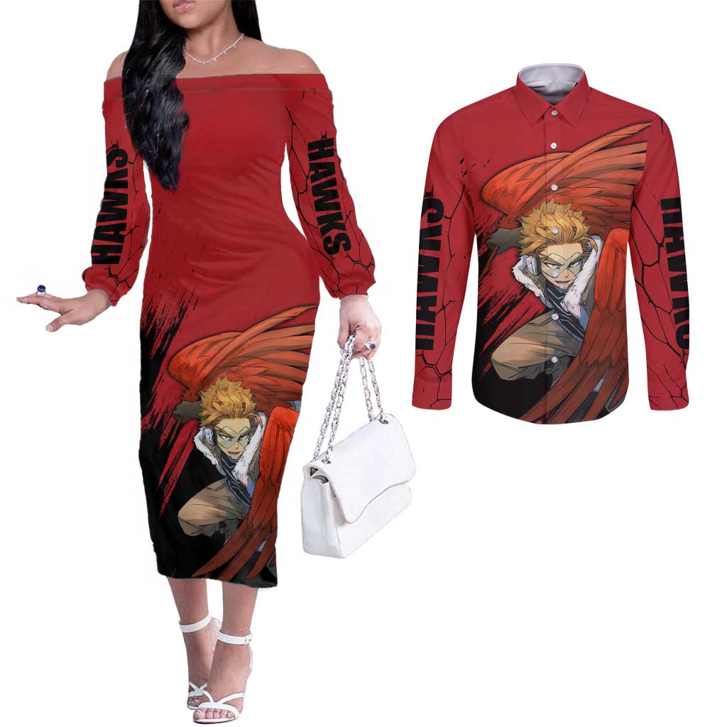 Hawks  - My Hero Academia Couples Matching Off The Shoulder Long Sleeve Dress and Long Sleeve Button Shirt Anime Style