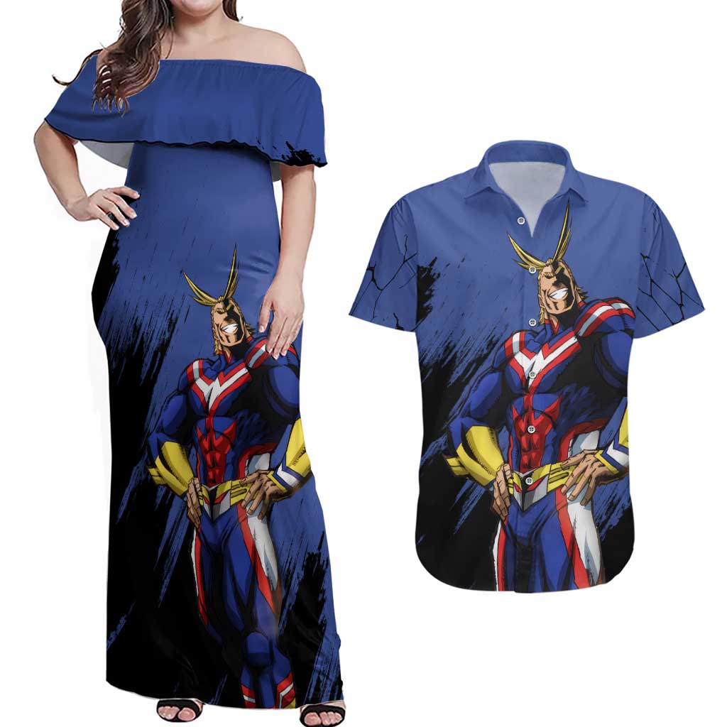 All Might - My Hero Academia Couples Matching Off Shoulder Maxi Dress and Hawaiian Shirt Anime Style