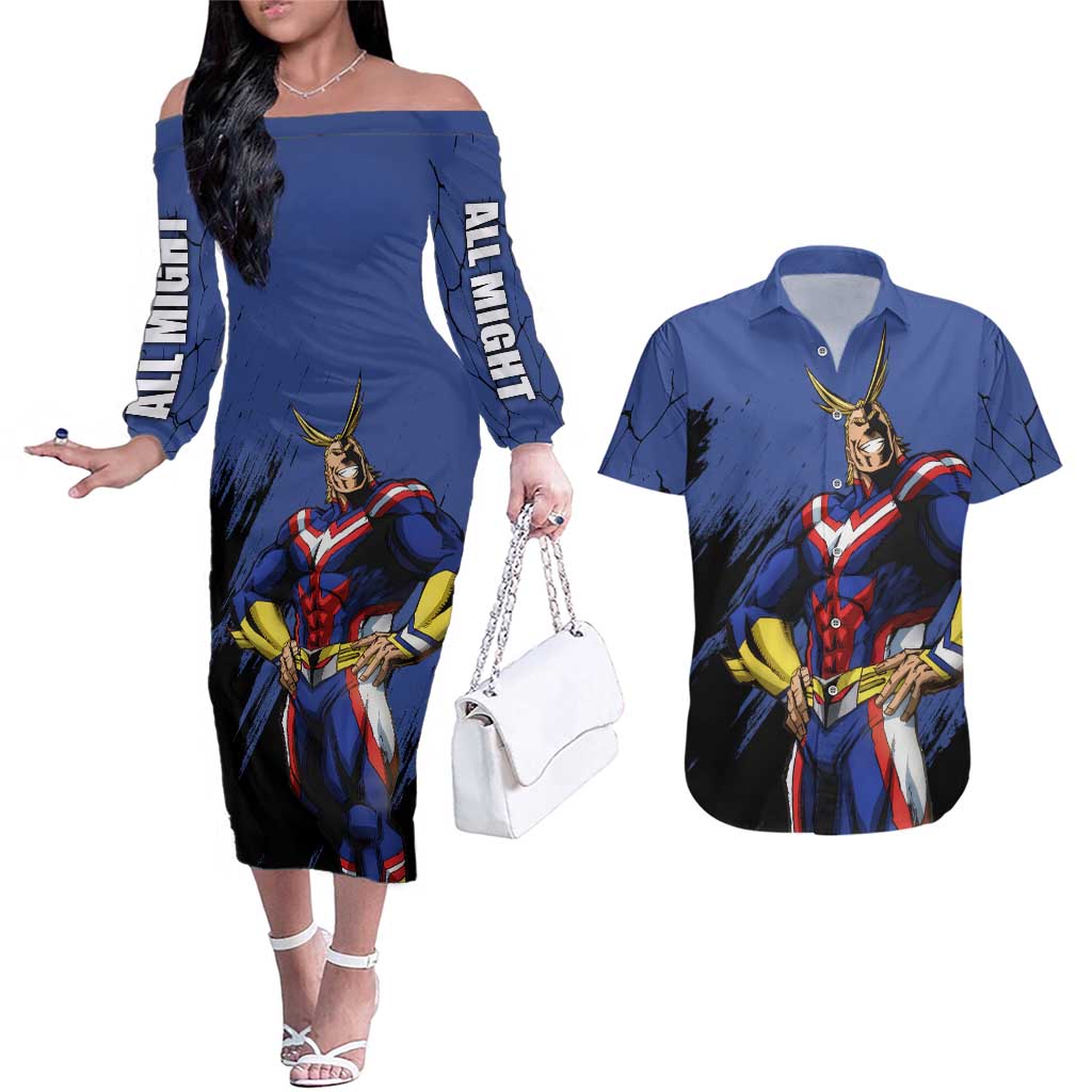 All Might - My Hero Academia Couples Matching Off The Shoulder Long Sleeve Dress and Hawaiian Shirt Anime Style