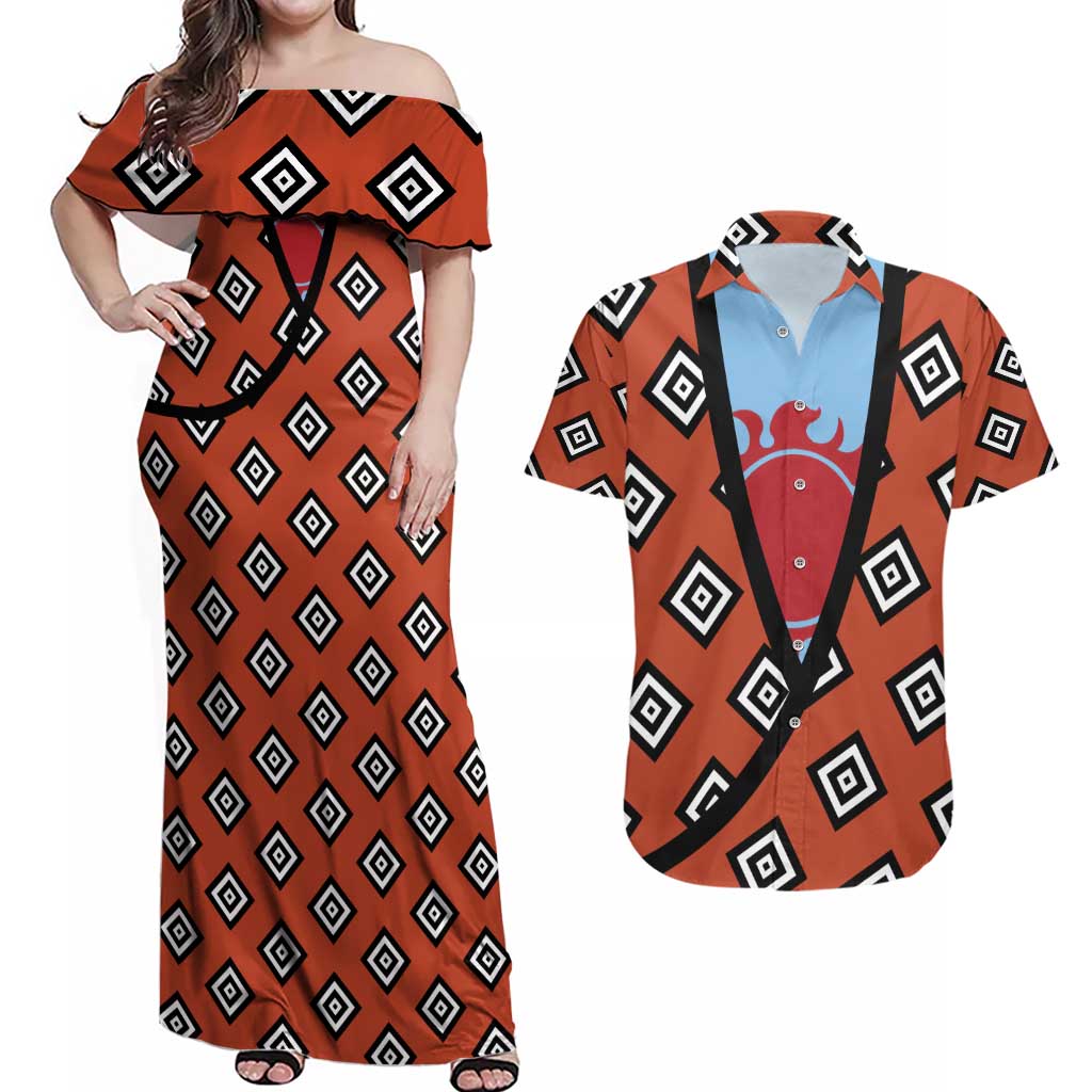 Jinbei - One Piece Couples Matching Off Shoulder Maxi Dress and Hawaiian Shirt Anime Uniform Style